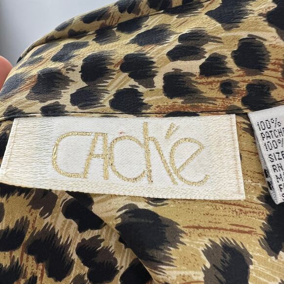 Vintage CACHE Brown Top Silk Leopard Ruffle Collar Leather Button-Up Sz M Medium - Picture 7 of 8